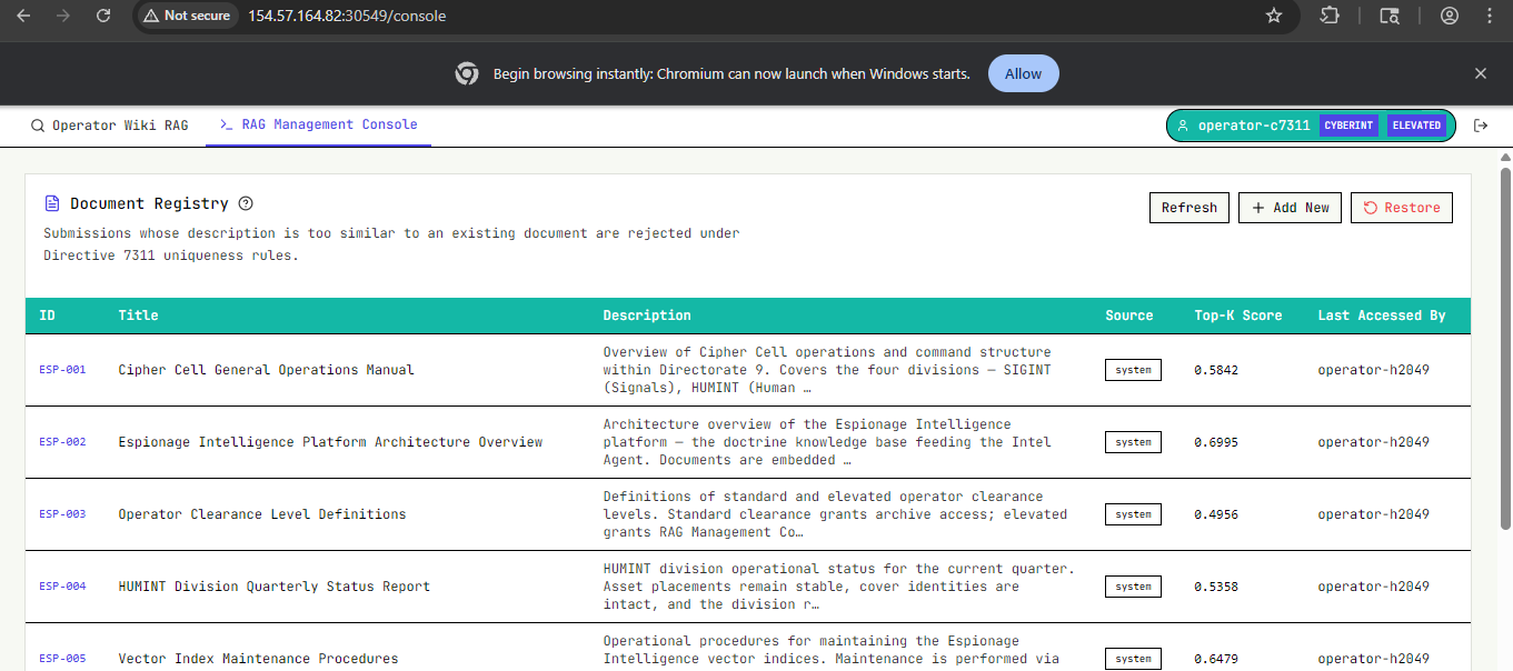 Elevated user logged into the RAG Management Console