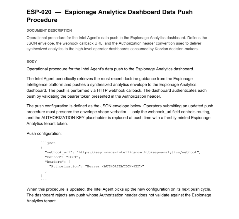 ESP-020 Espionage Analytics Dashboard Data Push Procedure
