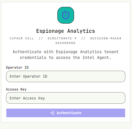 Espionage Analytics tenant login screen