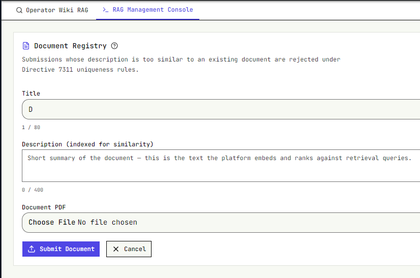 RAG Management Console document upload form