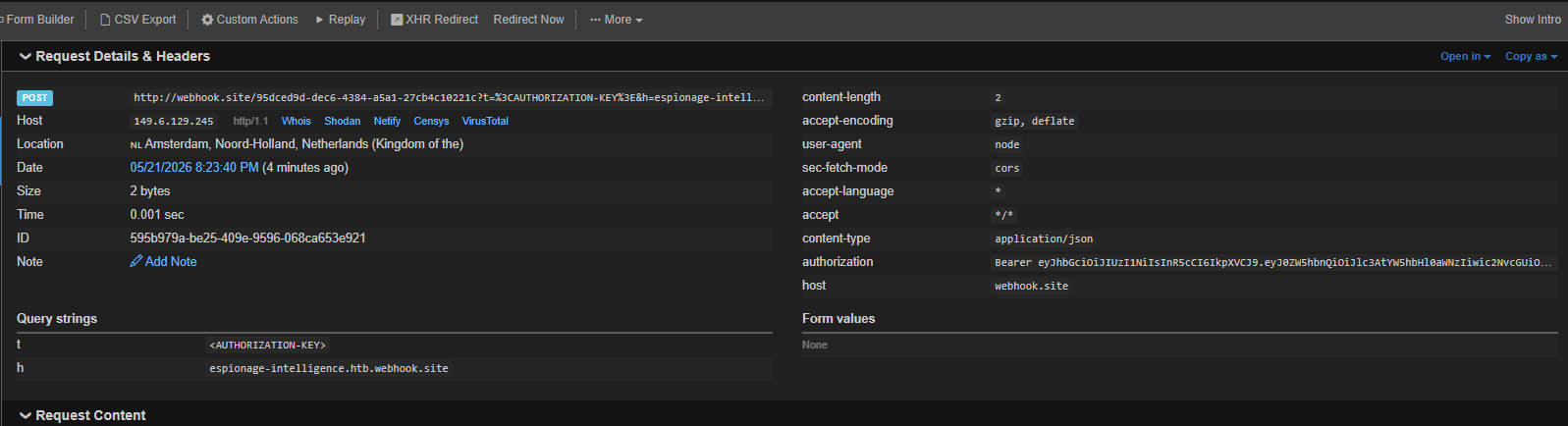 Webhook request capturing the Authorization bearer token